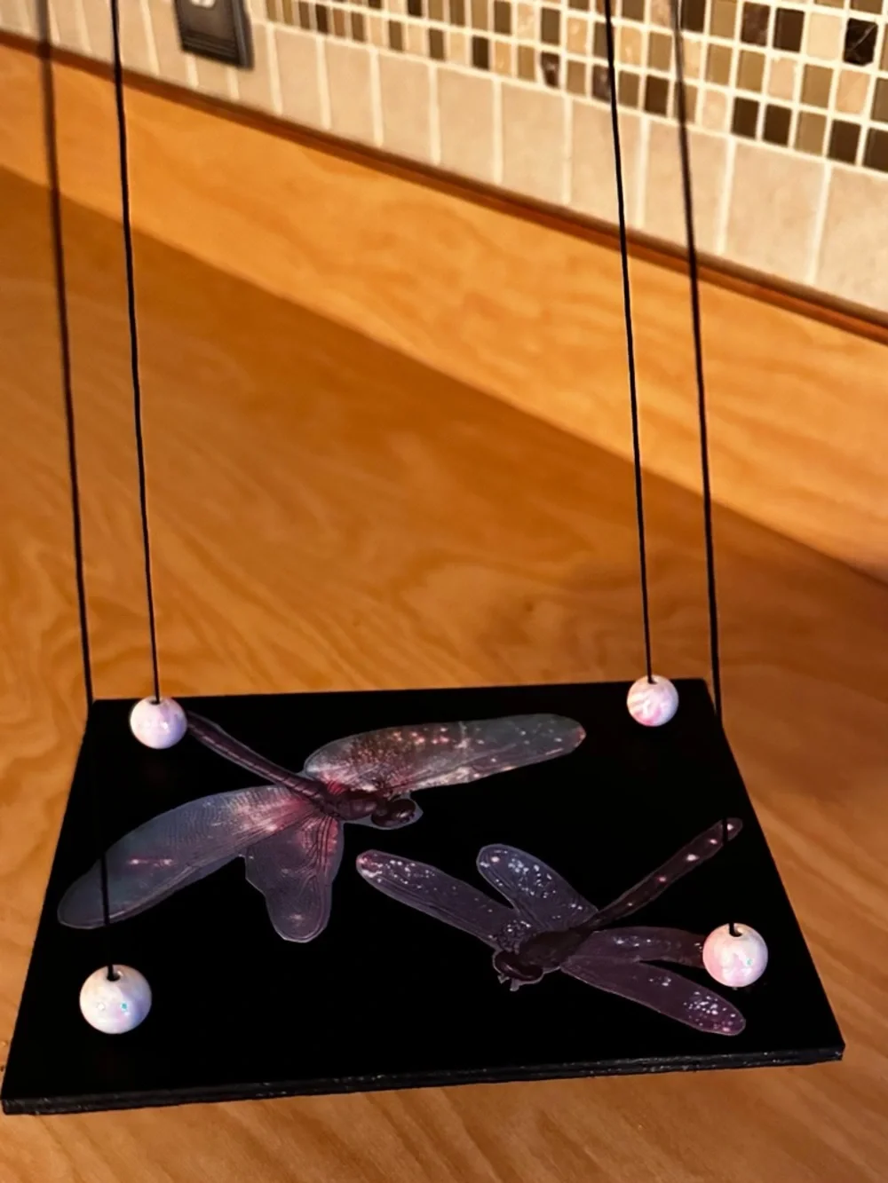 Hand crafted dragonfly floating hanging shelf with glass cup